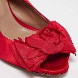 Pre Owned Valentino Red Satin Bow Peep Toe Slingback Pumps Size 40