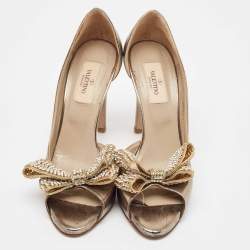 Valentino Metallic Leather Crystal Embellished Bow D'orsay Pumps Size 37.5