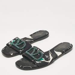Pre Owned Valentino Black Printed Canvas Crystal Embellished V Logo Flat Slides Size 38