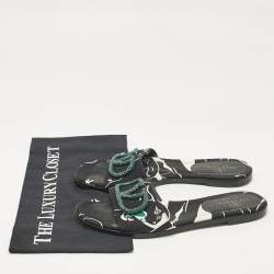 Pre Owned Valentino Black Printed Canvas Crystal Embellished V Logo Flat Slides Size 38