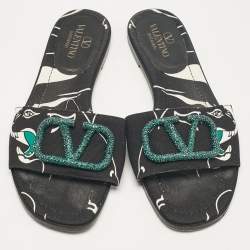 Pre Owned Valentino Black Printed Canvas Crystal Embellished V Logo Flat Slides Size 38