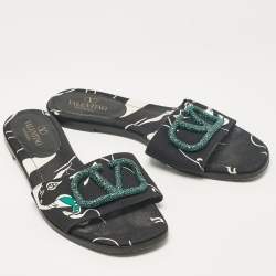 Pre Owned Valentino Black Printed Canvas Crystal Embellished V Logo Flat Slides Size 38