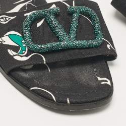 Pre Owned Valentino Black Printed Canvas Crystal Embellished V Logo Flat Slides Size 38