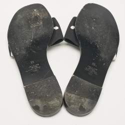 Pre Owned Valentino Black Printed Canvas Crystal Embellished V Logo Flat Slides Size 38