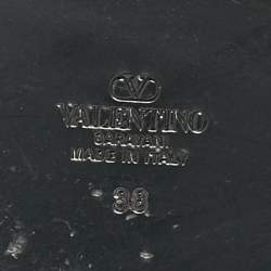 Pre Owned Valentino Black Printed Canvas Crystal Embellished V Logo Flat Slides Size 38