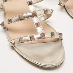 Pre Owned Valentino Metallic Leather Rockstud Flat Slides Size 38