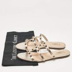Pre Owned Valentino Metallic Leather Rockstud Flat Slides Size 38