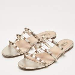 Pre Owned Valentino Metallic Leather Rockstud Flat Slides Size 38