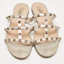 Pre Owned Valentino Metallic Leather Rockstud Flat Slides Size 38