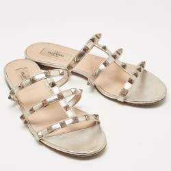 Pre Owned Valentino Metallic Leather Rockstud Flat Slides Size 38