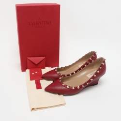 Valentino Burgundy Leather Rockstud Wedge Pumps Size 37