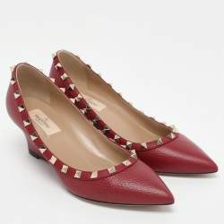 Valentino Burgundy Leather Rockstud Wedge Pumps Size 37