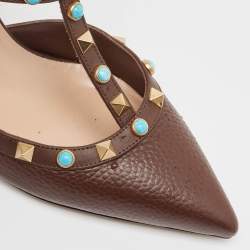 Pre Owned Valentino Brown Leather Rockstud Pumps Size 37.5