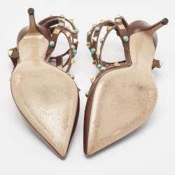 Pre Owned Valentino Brown Leather Rockstud Pumps Size 37.5