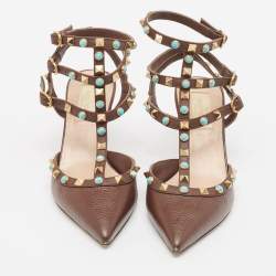 Pre Owned Valentino Brown Leather Rockstud Pumps Size 37.5