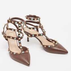 Pre Owned Valentino Brown Leather Rockstud Pumps Size 37.5