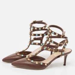 Pre Owned Valentino Brown Leather Rockstud Pumps Size 37.5