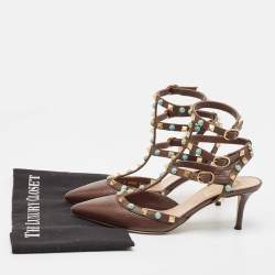 Pre Owned Valentino Brown Leather Rockstud Pumps Size 37.5