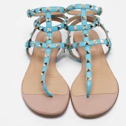 Pre Owned Valentino Blue Leather Rockstud Flat Sandals Size 39