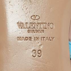 Pre Owned Valentino Blue Leather Rockstud Flat Sandals Size 39