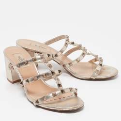 Pre Owned Valentino Metallic Leather Rockstud Slide Sandals Size 39.5