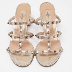 Pre Owned Valentino Metallic Leather Rockstud Slide Sandals Size 39.5