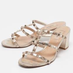 Pre Owned Valentino Metallic Leather Rockstud Slide Sandals Size 39.5