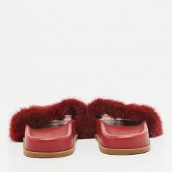 Pre Owned Valentino Red Fur Rockstud Slide Flats Size 38