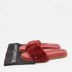 Pre Owned Valentino Red Fur Rockstud Slide Flats Size 38