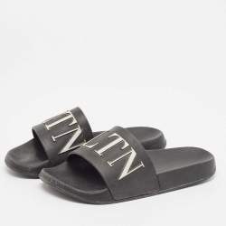 Valentino Black Rubber VLTN Flat Slides Size 38