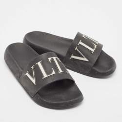 Valentino Black Rubber VLTN Flat Slides Size 38