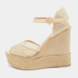 Pre Owned Valentino Two Tone Lace and Leather Espadrille Wedge Ankle Strap Sandals Size 39