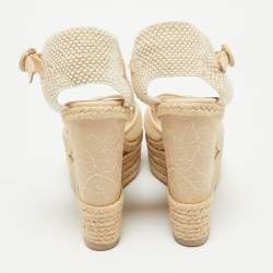 Pre Owned Valentino Two Tone Lace and Leather Espadrille Wedge Ankle Strap Sandals Size 39