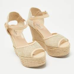 Pre Owned Valentino Two Tone Lace and Leather Espadrille Wedge Ankle Strap Sandals Size 39