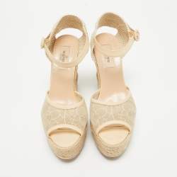 Pre Owned Valentino Two Tone Lace and Leather Espadrille Wedge Ankle Strap Sandals Size 39