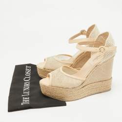 Pre Owned Valentino Two Tone Lace and Leather Espadrille Wedge Ankle Strap Sandals Size 39