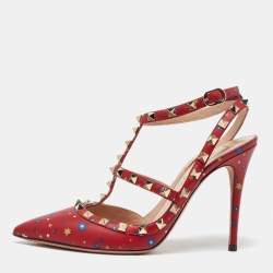 Pre Owned Valentino Red Printed Leather Rockstud Strappy Sandals Size 39