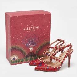 Pre Owned Valentino Red Printed Leather Rockstud Strappy Sandals Size 39