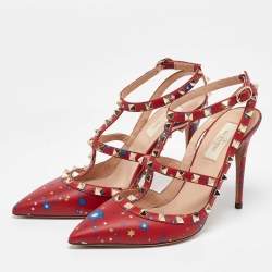 Pre Owned Valentino Red Printed Leather Rockstud Strappy Sandals Size 39