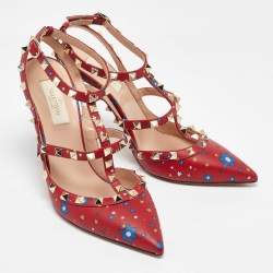 Pre Owned Valentino Red Printed Leather Rockstud Strappy Sandals Size 39