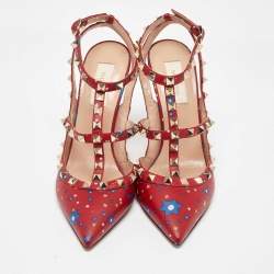 Pre Owned Valentino Red Printed Leather Rockstud Strappy Sandals Size 39