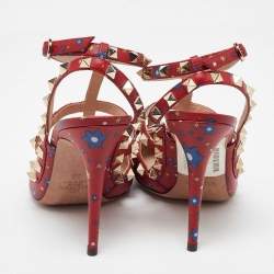 Pre Owned Valentino Red Printed Leather Rockstud Strappy Sandals Size 39