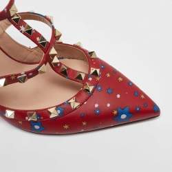 Pre Owned Valentino Red Printed Leather Rockstud Strappy Sandals Size 39