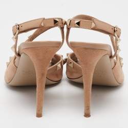 Pre Owned Valentino Beige Leather and Suede Rockstud Ankle Strap Sandals Size 37