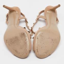 Pre Owned Valentino Beige Leather and Suede Rockstud Ankle Strap Sandals Size 37