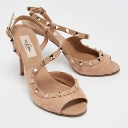 Pre Owned Valentino Beige Leather and Suede Rockstud Ankle Strap Sandals Size 37