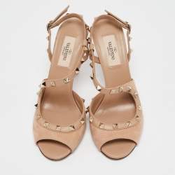 Pre Owned Valentino Beige Leather and Suede Rockstud Ankle Strap Sandals Size 37