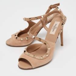 Pre Owned Valentino Beige Leather and Suede Rockstud Ankle Strap Sandals Size 37