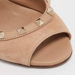 Pre Owned Valentino Beige Leather and Suede Rockstud Ankle Strap Sandals Size 37