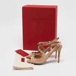 Pre Owned Valentino Beige Leather and Suede Rockstud Ankle Strap Sandals Size 37